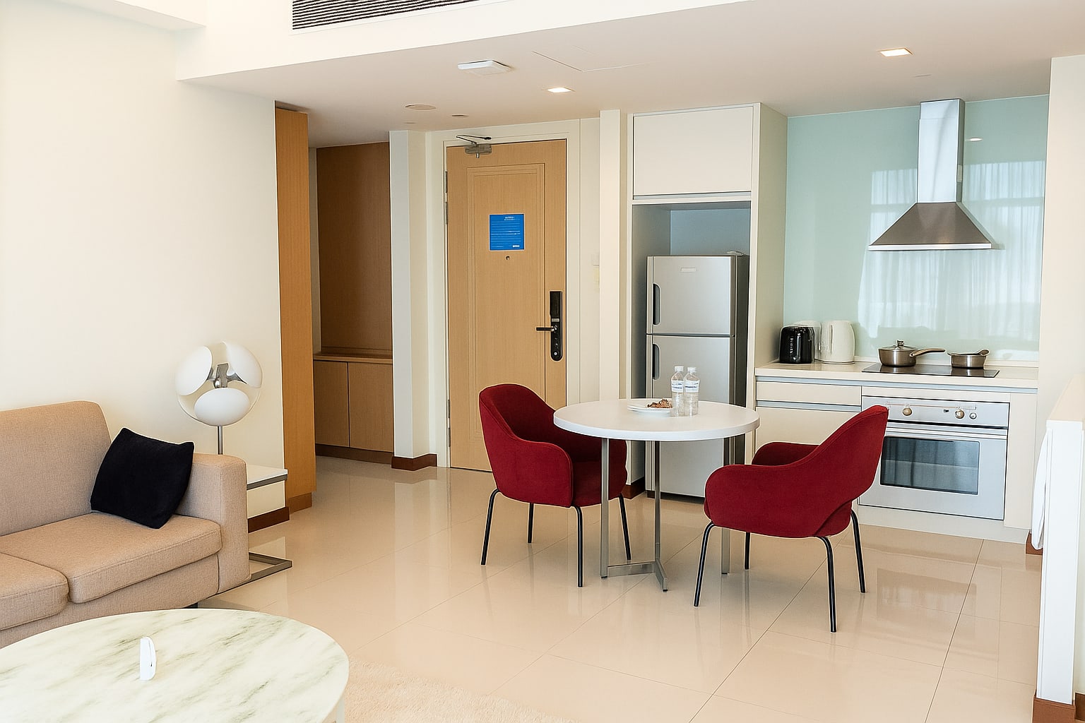 Living room with open kitchen in Deluxe 2 Bedroom Apartment